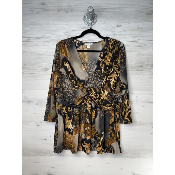 Boston Proper Shirt Womens XL Black Gold Baroque Floral Boho Tunic Stretch Top - Picture 1 of 9